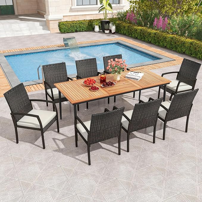 Tangkula 9-Piece Patio Dining Set, 79" Outdoor Acacia Wood Dining Table with 1.9" Umbrella Hole & 8 Rattan-Woven Dining Chairs with Seat Cushions, for Garden, Porch, Deck