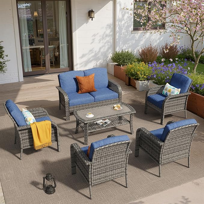 6 PCS Outdoor Patio Furniture Set with Glass Table, All-Weather Rattan Wicker Outdoor Conversation Set with Thickened Cushions for Balcony Backyard Garden Lawn,Blue