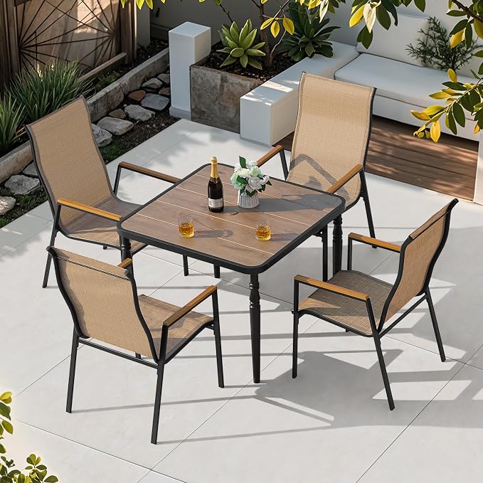 NUU GARDEN 5-Piece Patio Dining Set for 4, Wood-Grain Table with Umbrella Hole and 4 Stackable Textilene Chairs with Faux Wood Armrests, Black and Khaki