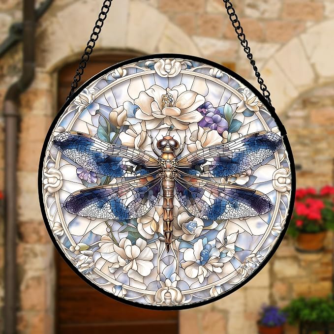 DASTOLL Stained Glass Window Hanging, Dragonfly Flower Suncatcher for Doors Home Sun Catchers Decoration and Christmas, Mother's Day Birthday Gifts for Women, Men, and Mom 11.8x11.8 in