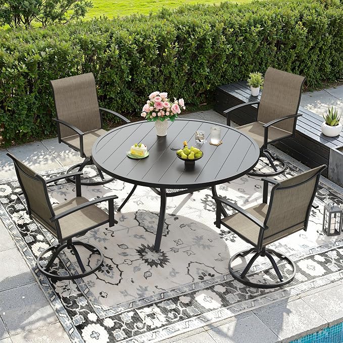 DIFY 5 Pieces Outdoor Dining Set for 4, 47.2" Black Round Metal Table with Umbrella Hole and Brown Textilene Swivel Patio Chairs, Patio Table and Chairs Set for Garden, Backyard, Poolside