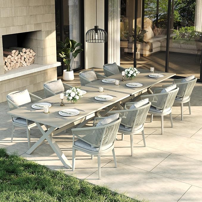 LayinSun 10 Piece Outdoor Dining Table Set, Aluminum Modern Rectangular Dining Table and All-Weather Wicker Chairs Set for Patio Deck Indoor Decor Kitchen