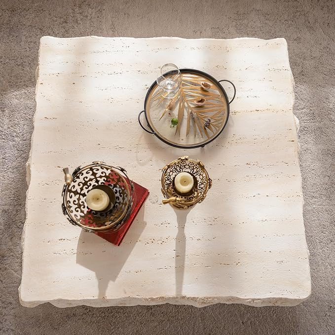 Square Coffee Table for Living Room Outdoor Faux Stone Coffee Table Amber Travertine Concrete Pattern, 35.43" Modern Low Center Tables, No Need Assemble,Beige
