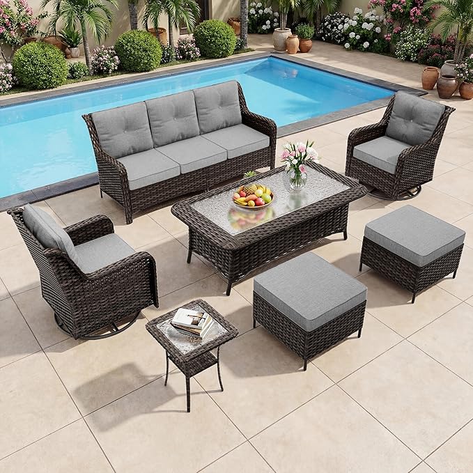 Outdoor Patio Furniture Set,7 Pieces 7 Seats Outdoor Sectional Furniture All Weather Thick PE Rattan Wicker Patio Conversation Set with Ottoman & Coffee Table,Swivel Rocking Chairs Set,Grey