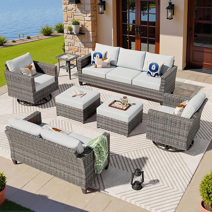 ovios 7 Pieces Patio Furniture Set, Outdoor Wicker Sofa with Rocking Swivel Chairs, Glider Chairs Rattan Couch with Comfy Cushions All Weather Conversation Set, Grey