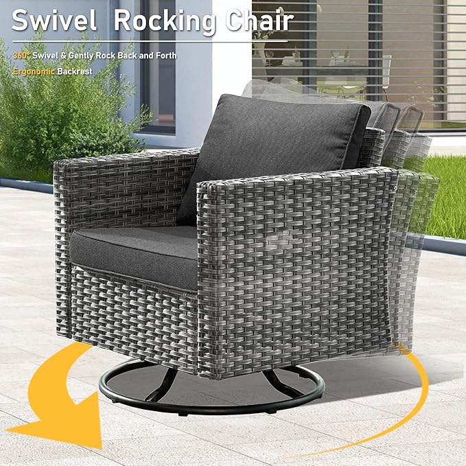 HOOOWOOO Wicker Outdoor Swivel Bistro Set for 2,3 Piece Patio Rocking Chairs and Table,All Weather Resistant Outside Out Door Rattan Rockers Furniture Set,Black