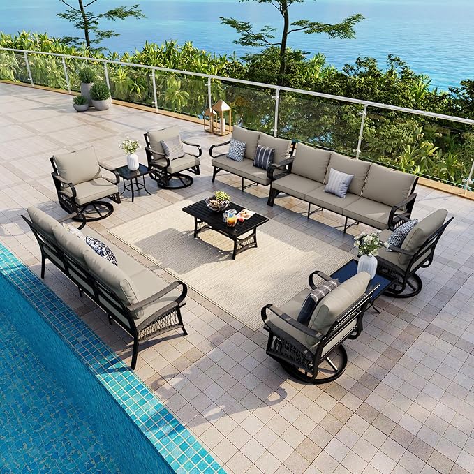 10 Pieces Patio Conversation Sets, All-Weather Metal Swivel Rocking Chairs with Rope Furniture Set, Outdoor Sofa Couch for Deck, Porch, Garden, Backyard, Poolside (Beige Cushions)