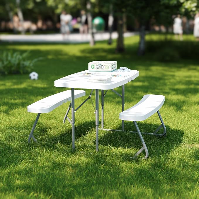 BizChair Easy-Fold Kids Outdoor Picnic Table and Benches - Commercial Grade Folding Plastic Play Table - Recommended for up to Age 5 - White