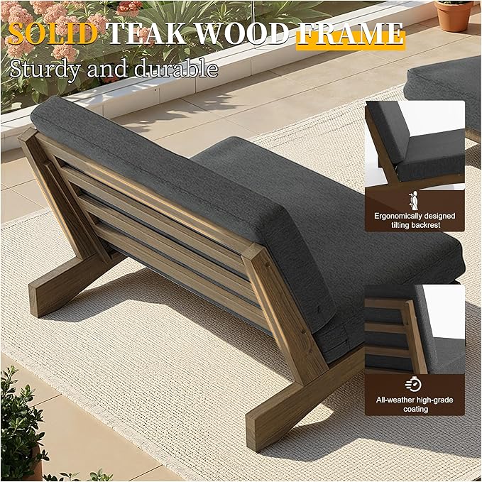 UIXE Wood Patio Furniture Sets, 2 Pieces All Weather Patio Loveseat Outdoor Sofa with Solid Wooden Coffee Table - Dark Gray