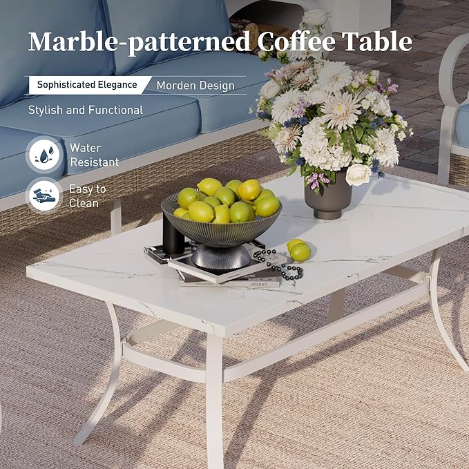 4 PCS Metal Outdoor Patio Furniture Set, Patio Conversation Sets 1 3-seater Sofa, 2 Rocking Chairs with 5.75" Extra Thick Cushion and Coffee Table, White Frame Backyard Furniture, Blue