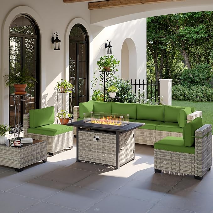 8-Piece Patio Furniture Set, Outdoor Patio Furniture with 55,000 BTU Fire Pit Table, Thick Cushions, Modular Patio Sofa, Dual-Strand Wicker Rattan, Rust-Resistant Frame, Grass Green