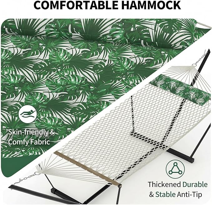2 Person Portable Double Hammock with Stand, Outdoor Quilted Polyester Padded Hammock with Pillow, Adjustable Steel Hammock Stand for Patio, Garden, Beach, Backyard, Camping