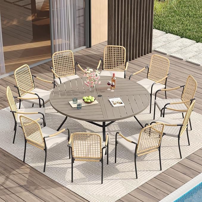 VICLLAX 63" Round Patio Table with Umbrella Hole, All Weather Metal Outdoor Dining Table for 8-10, Outside Table for Lawn Garden, Grey Wood-Grain Finish