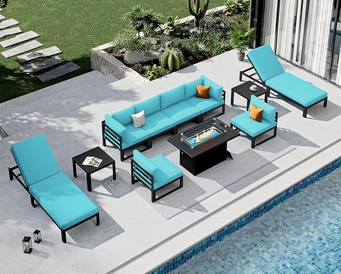 NICESOUL 11 Piece Extra Large Contemporary Aluminum Outdoor Furniture Set with Chaise Lounge & Fire Pit Table, 29" Deep Couch Set, 500 lbs High Weight Capacity Patio Sectional Sofa for Poolside, Teal