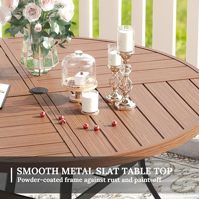 VICLLAX Patio Dining Set for 6, 6 Seats Outdoor Furniture Includes 50.1" Round Patio Table and Swivel Padded Chairs, Walnut Tabletop and Mixed Brown Fabric