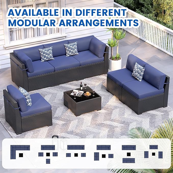 Patio Furniture Sets, 7-Piece Outdoor Patio Furniture with Thick Cushions,Coffee Table Outdoor All-Weather Conversation Set Sectional Sofa for Backyard, Poolside, Garden(Navy Blue)