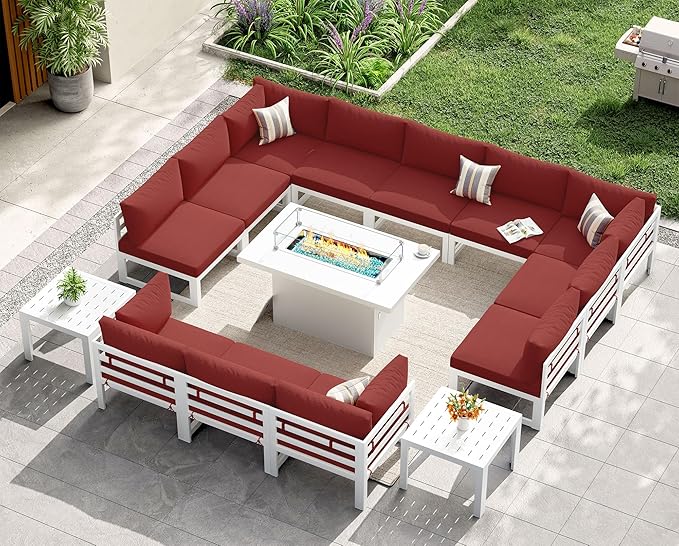 NICESOUL 12 Seat Extra Large Aluminum Patio Furniture Set with Fire Pit Table Propane/Gas, Contemporary Outdoor Conversation Sofa Set with End Table, All-Weather Sectional Couch for Garden Yard, Red