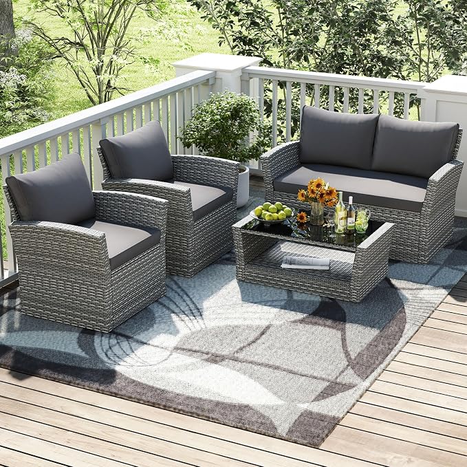 Tangkula 4 Pieces Patio Furniture Set, Outdoor PE Wicker Sectional Conversation Bistro Set with 2 Rattan Chairs, Loveseat, 2-Tier Tempered Glass Coffee Table and Cushions for Balcony, Garden (1, Gray)