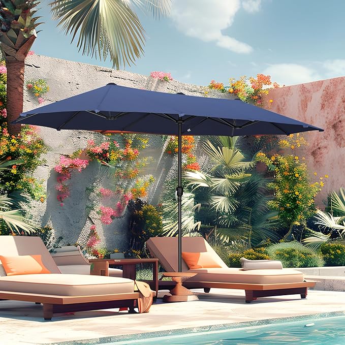 MFSTUDIO 13ft Outdoor Patio Umbrella, Double Sided Large Rectangular Umbrella Market Table Twin Triple Rectangle Umbrellas with Crank Handle for Outside Picnic Backyard Deck Pool (no base)