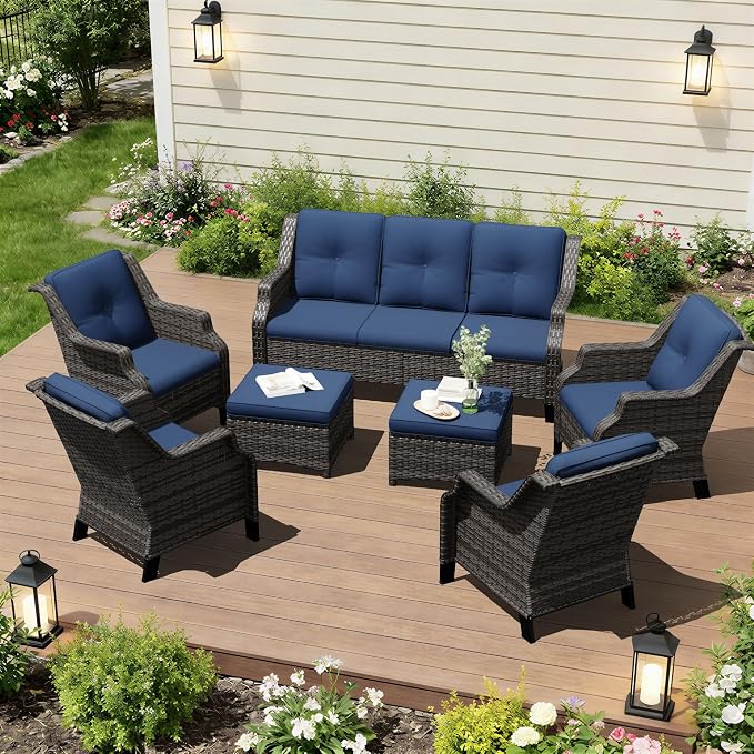 Outdoor Patio Furniture Set, 7 Piece Wicker Patio Furniture with Thick Cushions, Curved Armrest, Deep Seating, Outdoor Swivel Rocker Chairs for Porch, Deck, Balcony