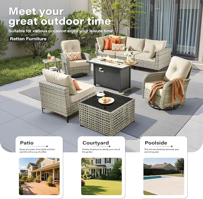 9 Pieces Outdoor Sectional Patio Furniture Set with 42" Fire Pit,Conversation Sets Rattan Wicker L Shaped Couch Swivel Rocking Chairs,Modular Outdoor Sofa for Porch Balcony Backyard Beige