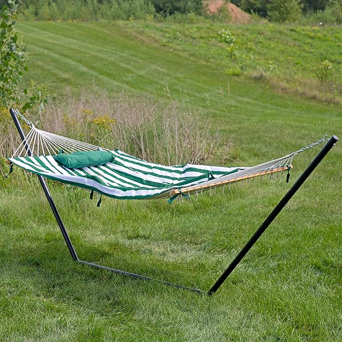Sunnydaze Rope Hammock with Stand for Outside- 275-Pound Capacity - Includes 12-Foot Hammock Stand, Spreader Bar, Pad, and Pillow - Green & White Stripe