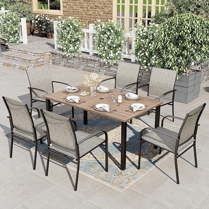 HERA'S HOUSE 7pc Patio Dining Set, Wood-Like Metal Table, 6 Brown Chairs | 60" rectangular table with umbrella hole. Waterproof, rust-resistant, all-weather for backyard, porch