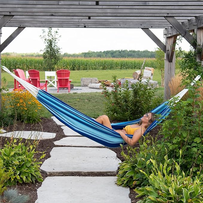 Vivere Brazilian Style Double Cotton Hammock with Polyester End Strings, 450 lb Weight Capacity (Island Breeze)
