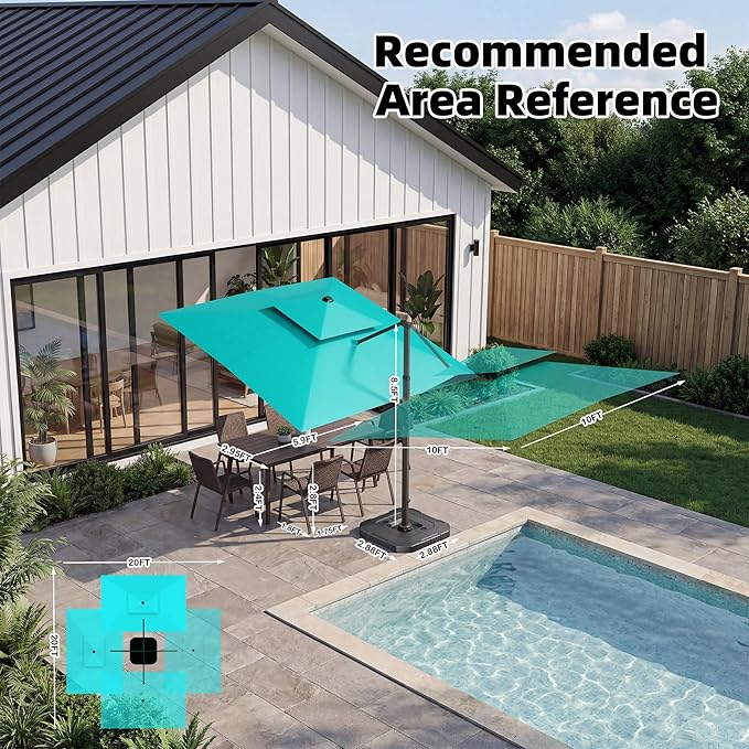 10x10 FT Cantilever Patio Umbrella with Base and Led Lights Double Top Outdoor Square Large Heavy Duty Aluminum Offset Umbrellas with 7 Level Tilt 360-degree Rotation for Pool Garden Deck, Turquoise
