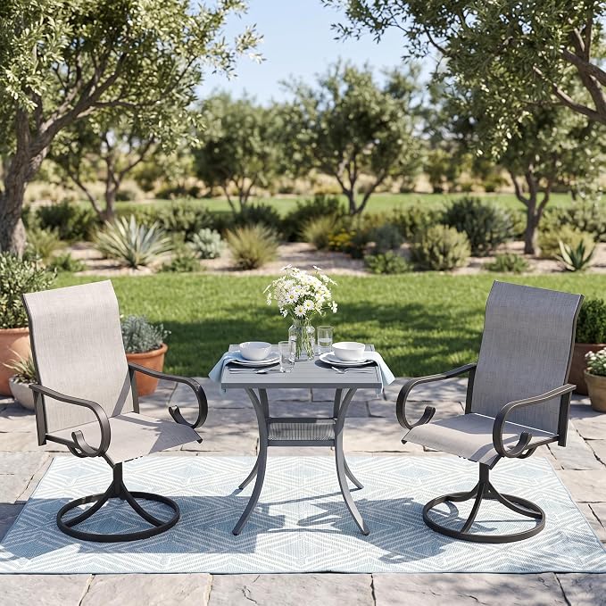 3 Pieces Patio Dining Set, 2 Outdoor Swivel Dining Chairs with 28" Square Outdoor Dining Table, All Weather Textilene Patio Chairs and Metal Table for Garden Backyard, Grey & Dark Grey