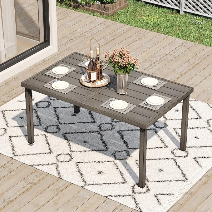 HAPPATIO Outdoor Dining Table for 6, 60" Rectangular Aluminum Patio Tabletop with Umbrella Hole, Rustproof Aluminum Frame for Poolside Lawn Garden
