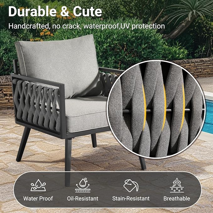 Weaxty Modern Patio Furniture Set 6 Piece, Rope Outdoor Patio Conversation Sets Sectional Sofa Swivel Chairs Table Ottoman, All Weather Metal Balcony Furniture for Backyard Garden, Light Grey