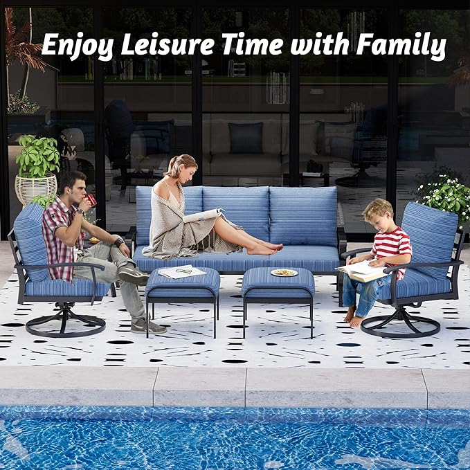 HOMREST Patio Furniture Sets 6 PCS Outdoor Metal Conversation Sets, 360 Degree Swivel Rocking Chairs Patio Conversation Set with Ottomans, Coffee Table and 3-Seat Sofa for Garden, Deck and Poolside