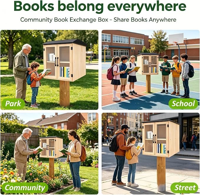 Little Outdoor Library Box, 2-Tier Waterproof Free Library Wooden Cabinet, 16x14x23 Inch Small Storage Box for DIY, Neighbourhoods, Communities and Kids to Share Books, Magazines, Artworks