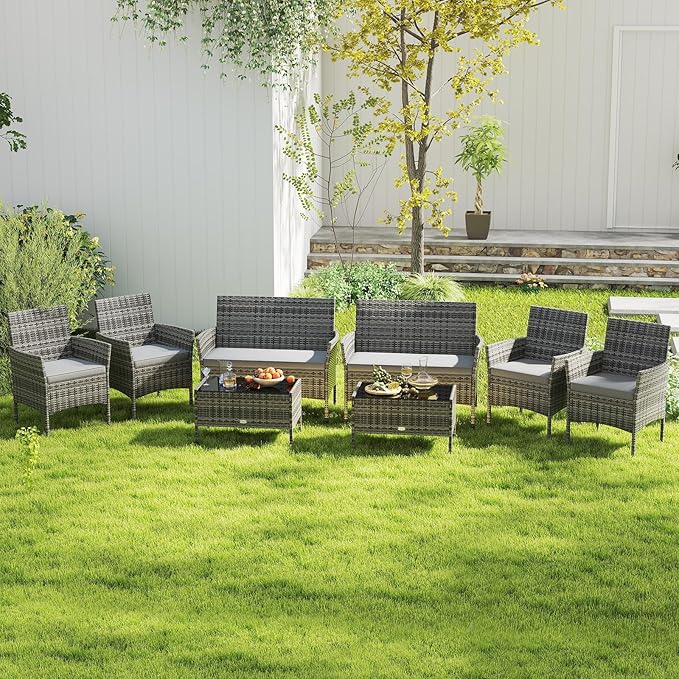 Tangkula 8 Piece Patio Rattan Conversation Set, Outdoor Wicker Furniture Set with Chair, Loveseat & Tempered Glass Table, Cozy Seat Cushions, Outside Sectional Sofa Set for Backyard