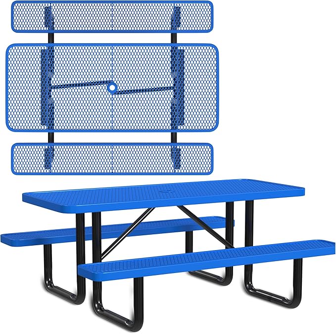 Leisure Craft Metal Picnic Table with Bench - 6 ft Rectangle Outdoor Dining Table for 6, Umbrella Hole, Weatherproof Heavy Duty Thermoplastic Coating, Commercial Grade Furniture Made in USA - Blue