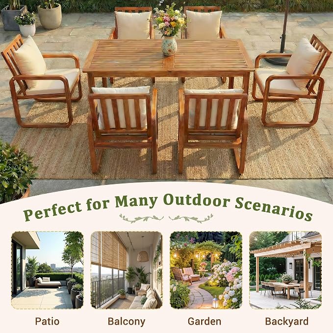 Merax 7-Piece Patio Dining Set, Outdoor Acacia Wood Dining Table and Chairs Set with Cushions for Backyard, Garden, Poolside, Brown