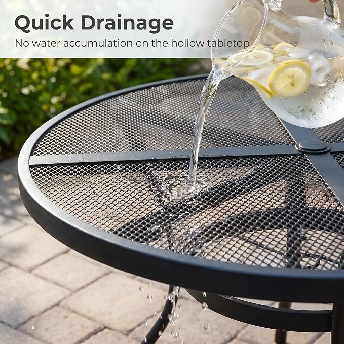 5Piece Outdoor Dining Set, Patio Dining Table Set for 4, 42" Mesh Round Table with 4 Black Metal Mesh Outdoor Dining Chairs with Armrest for Lawn, Garden, or Porch