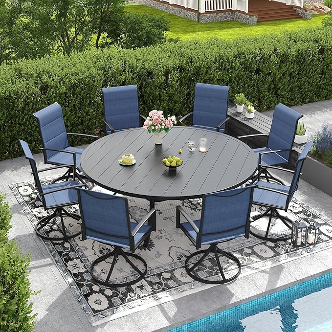 DIFY 9 Piece Outdoor Patio Dining Set for 8, 63" Black Round Metal Dining Table and Swivel Patio Chairs with Blue Padded Textilene, All-Weather Outdoor Furniture Set for Garden Backyard Porch