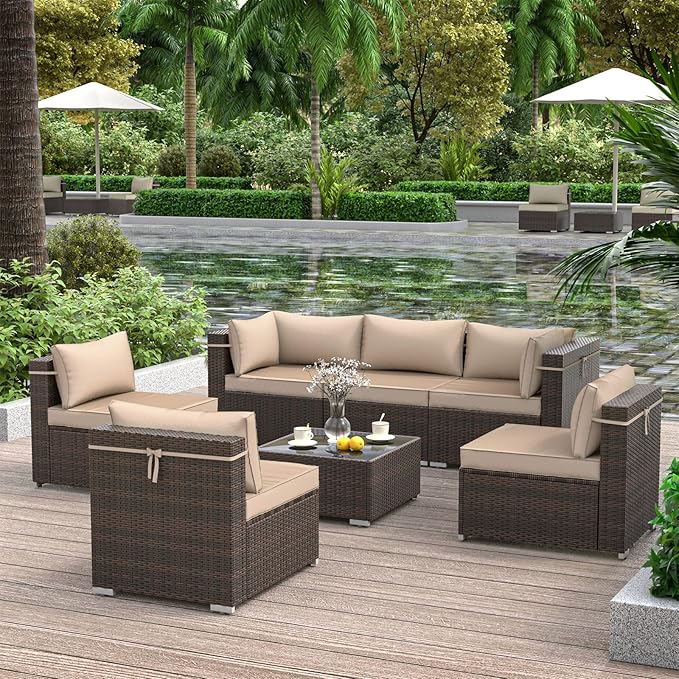 Outdoor Patio Furniture Set 7 Pieces Sectional Rattan Sofa Set, PE Rattan Wicker Patio Conversation Set with 6 Seat Cushions and 1 Tempered Glass Table and Furniture Cover, Brown
