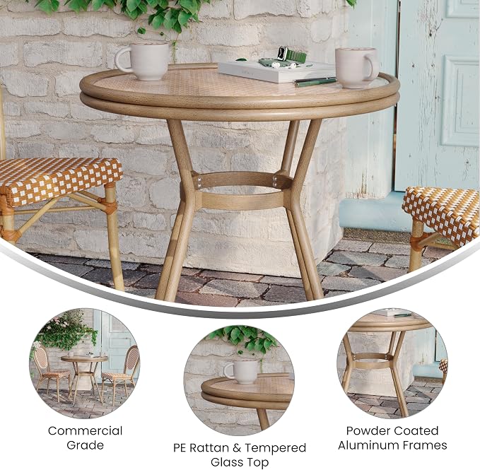 Flash Furniture Lourdes Indoor/Outdoor Commercial Bistro Table - Tempered Glass Top - PE Rattan - Lt NAT Bamboo Print Aluminum Frame - 31.5" - NAT/White