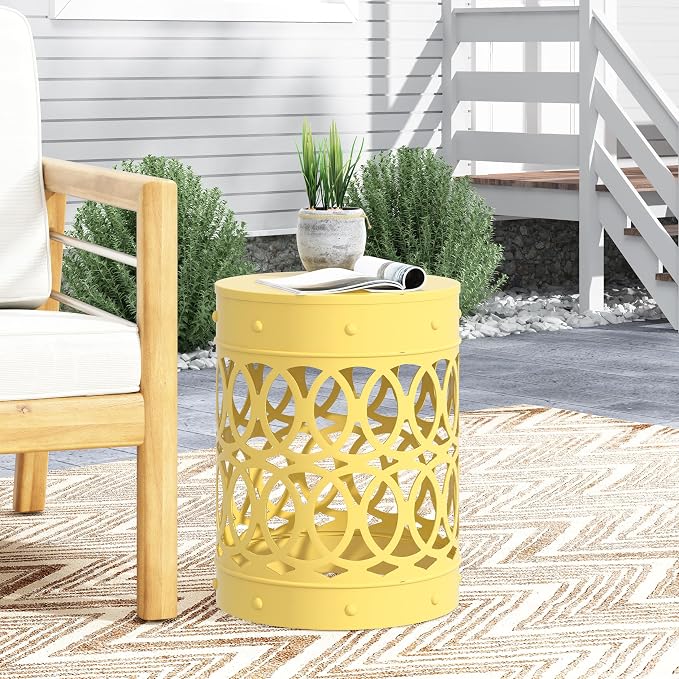 Outdoor Round Metal End Table Cut Out Design, Metal Round Patio Table Garden Stool Side Tables for Indoor Outdoor (Yellow)