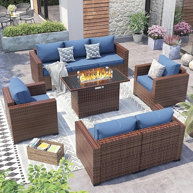 Patio Furniture Set with Fire Pit Table, 5 Pieces Outdoor Furniture Sets, Wicker Patio Conversation Sets w/Waterproof Covers for Backyard, Porch, Balcony, Poolside(Navy Blue)