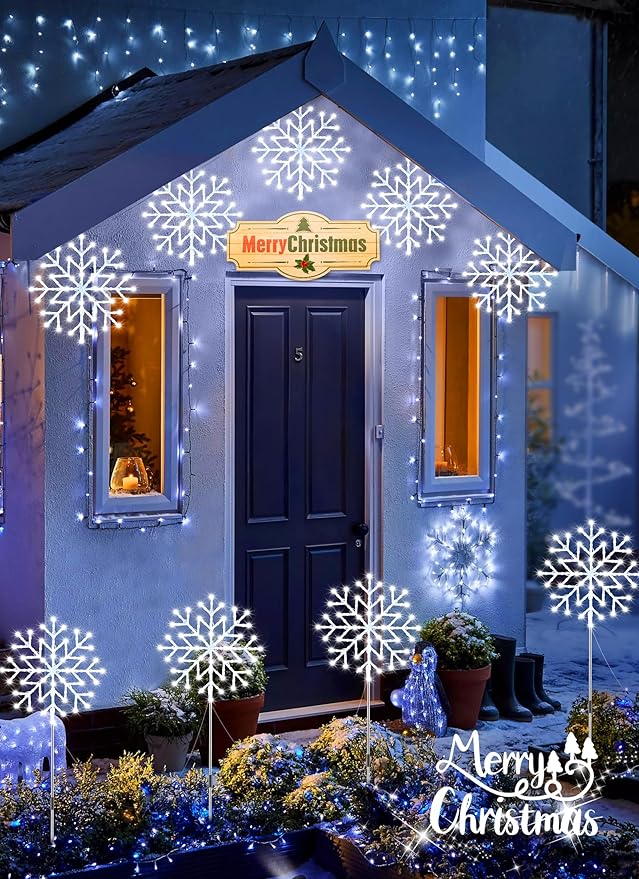 Brightown Large Snowflake Pathway Lights,10-Pack 34" Outdoor Snowflake Christmas Lights Decor for Yard, 8 Modes Sidewalk Marker Stake for Driveway Walkway, IP44 Waterproof, Cool White