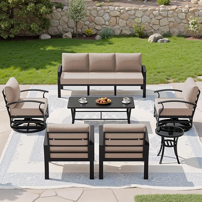 Kullavik Aluminum Patio Furniture Set with Rectangular Coffee Table,7-seat Metal Outdoor Sectional Furniture w/5.1" Cushions,Patio Conversation Sets with Swivel Chairs for Garden,Backyard,Porch-Sand