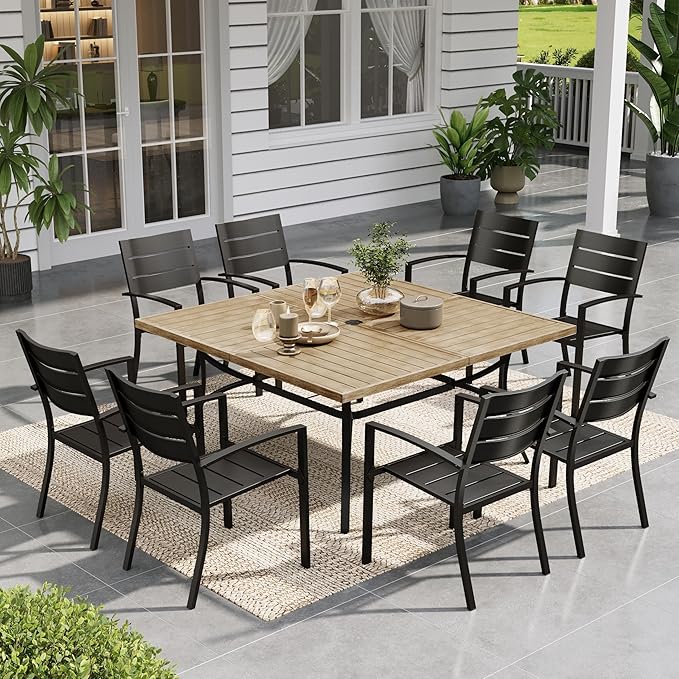 Sophia & William Patio Table and Chairs Set, Outdoor Dining Set for 8, 9 Piece Metal Patio Furniture, 57.5" Square Table with Wood-Like Tabletop