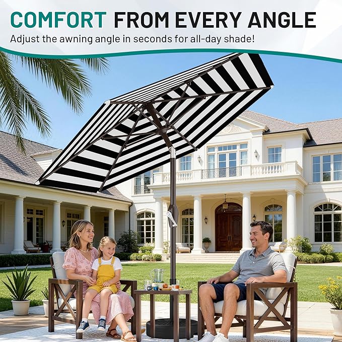 AreShark 7.5FT Patio Umbrella Table Market Umbrella w/Tilt and Crank, Heavy-Duty Outdoor Umbrellas for Pool, Deck, Garden and Backyard, Black & White Stripe
