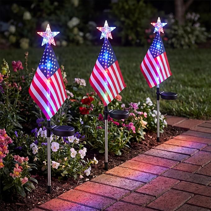 CALLARON Solar Decorative Lights LED Outdoor Solar Lights America Flag Decorative Flags Patriotic Garden Flag Solar Landscaping Spotlights Solar Garden Lights Outdoor LED Flagpole Lights