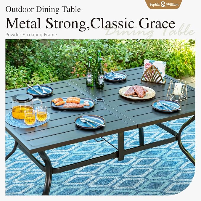 Sophia & William 7-Piece Patio Dining Set for 6, 60.2" Metal Outdoor Table with Umbrella Hole & 6 Stackable Chairs