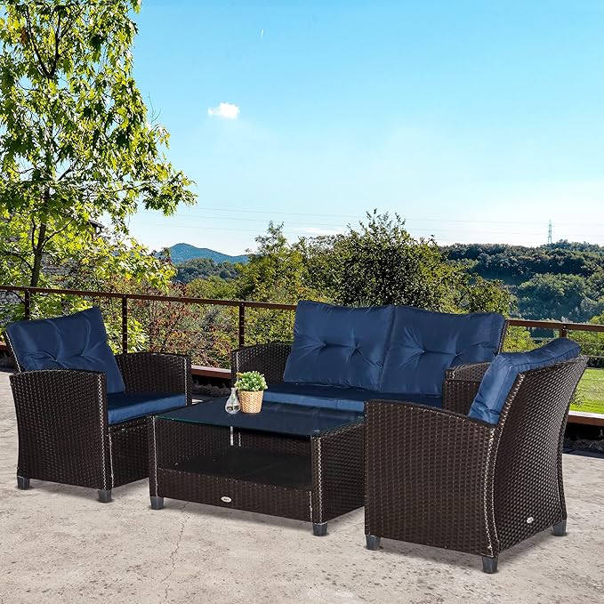 Outsunny 4 Pieces Patio Furniture Sets with Cushions, PE Rattan Wicker Conversation Chairs with Two-Tier Coffee Table for Backyard Porch Garden Poolside and Deck, Blue